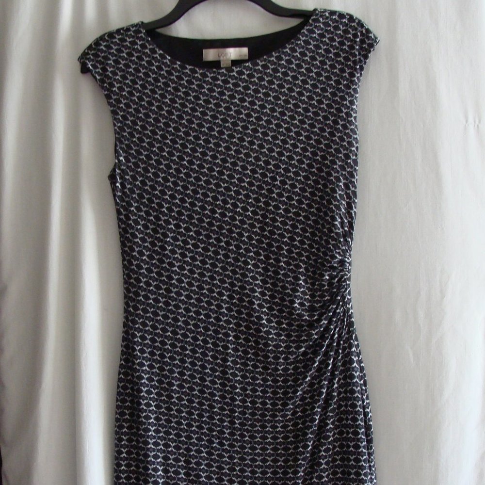ANN TAYLOR LOFT Gray & Aqua Fully Lined RUCHED Knit DRESS Sz MP